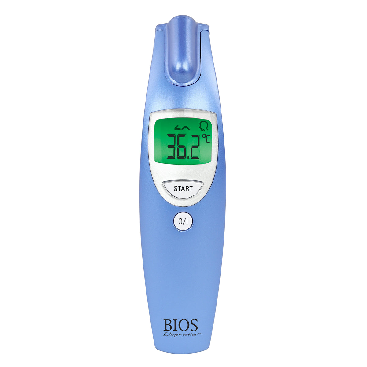 view of the fever thermometer with a green screen indicating there is no fever
