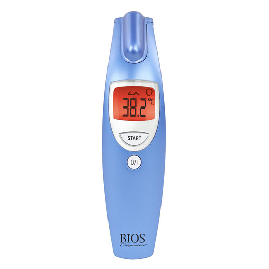 front view of the non contact forehead thermometer showing red screen as sign of fever