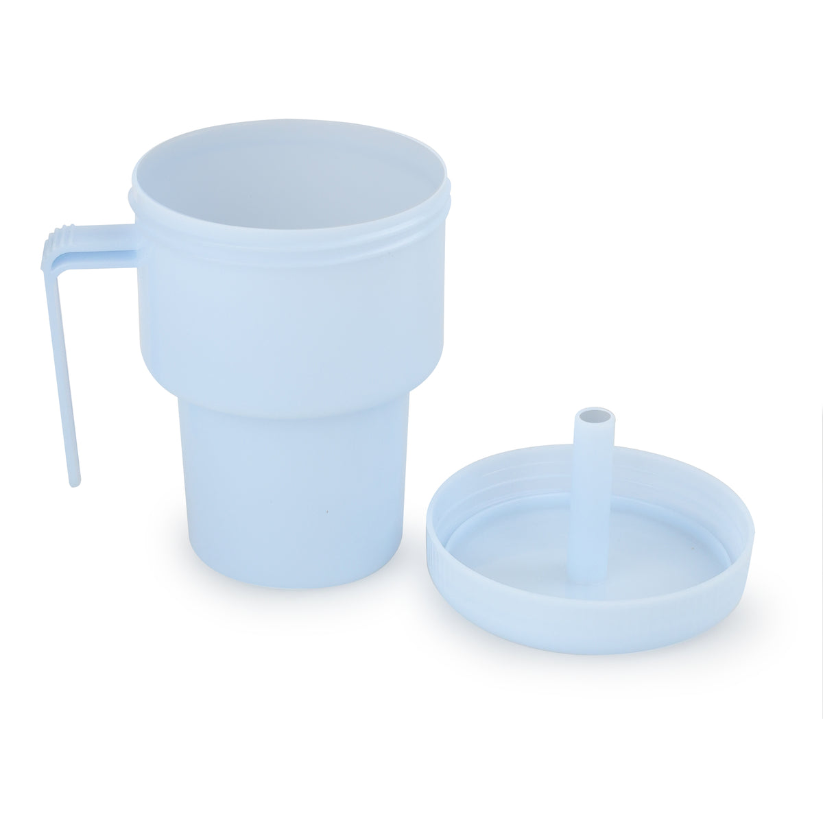 close up of spill proof cup with an open lid