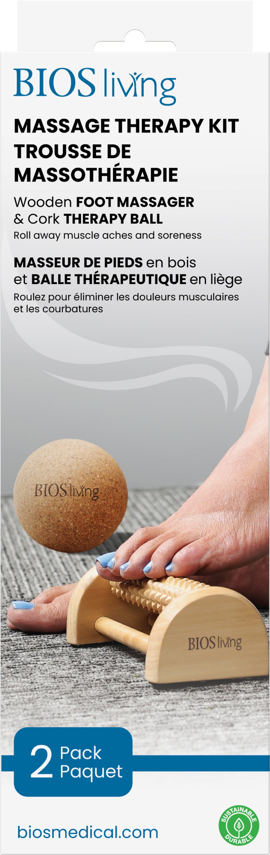 Wooden Massage Foot Roller & Cork Ball pkg front